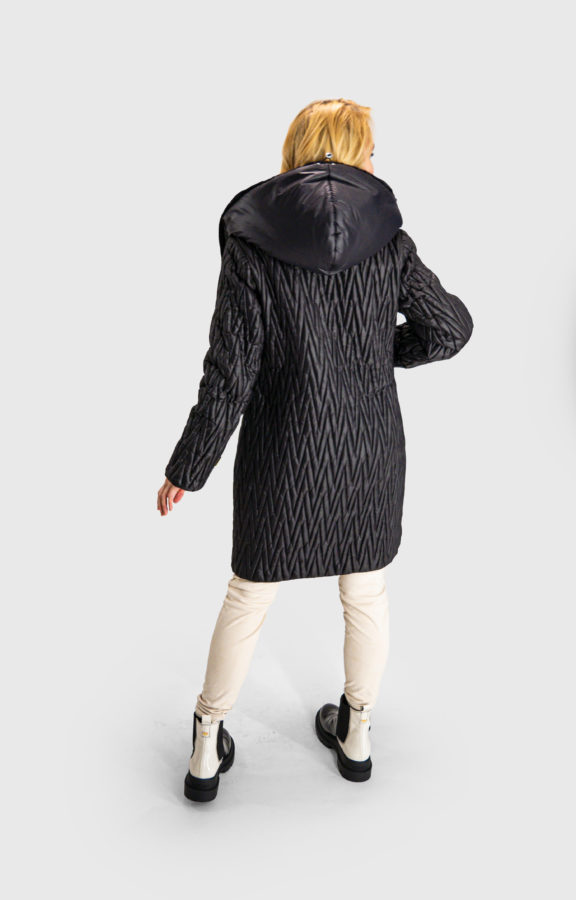 Cristina, Black Warm Stretch Quilted Jacket with fur inside hood and