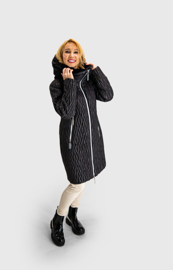 Cristina, Black Warm Stretch Quilted Jacket with fur inside hood and