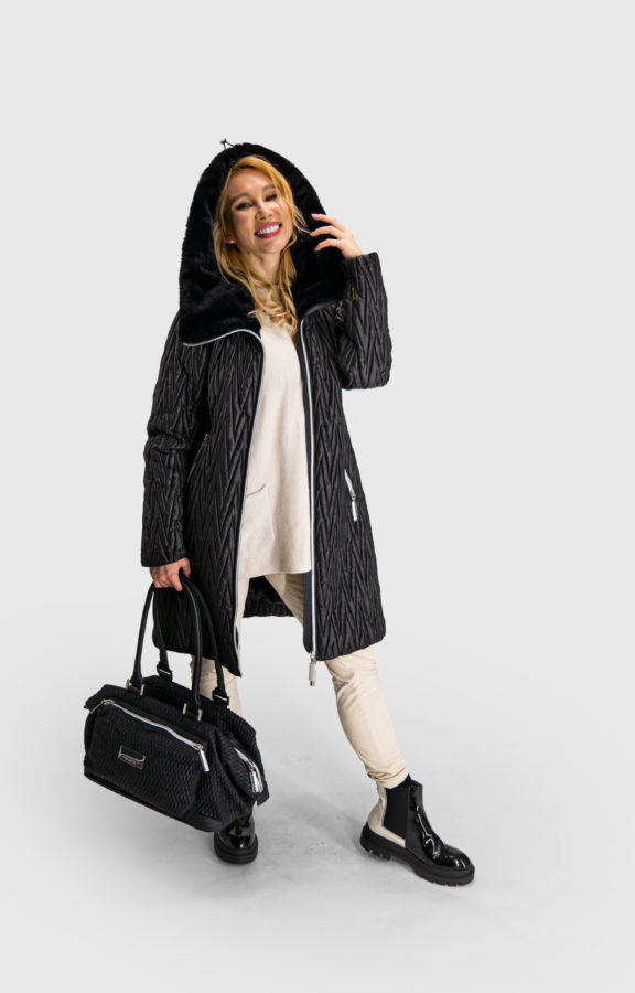 Cristina, Black Warm Stretch Quilted Jacket with fur inside hood and