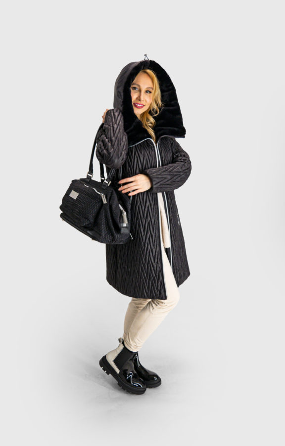 Cristina, Black Warm Stretch Quilted Jacket with fur inside hood and