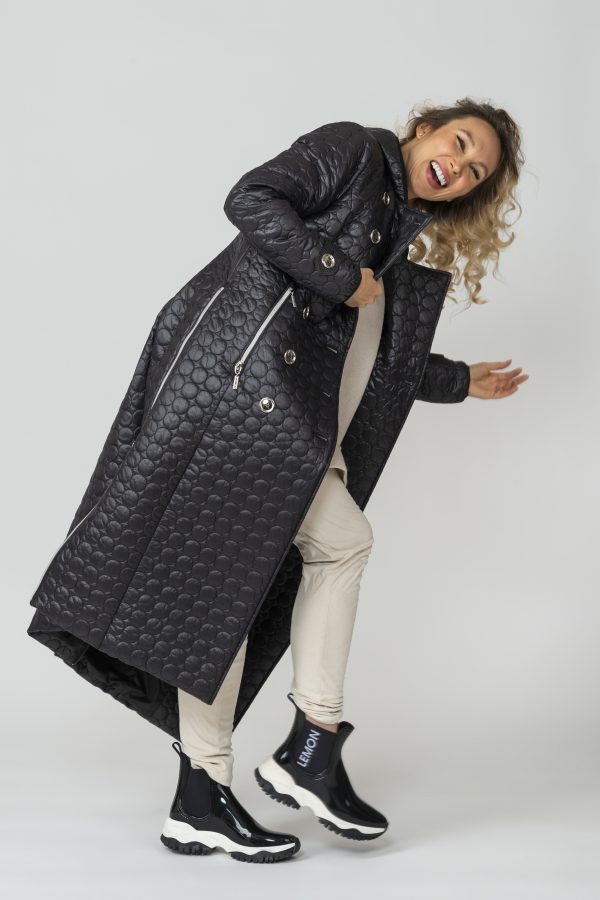 FRIDA Trench Black Quilted Long Coat with hood 2