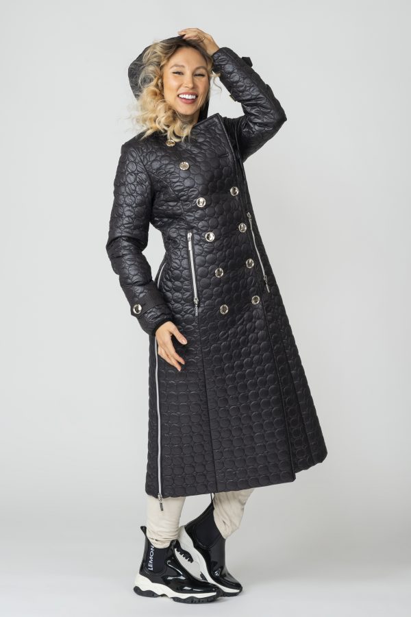 FRIDA Trench Black Quilted Long Coat with hood buttons closed