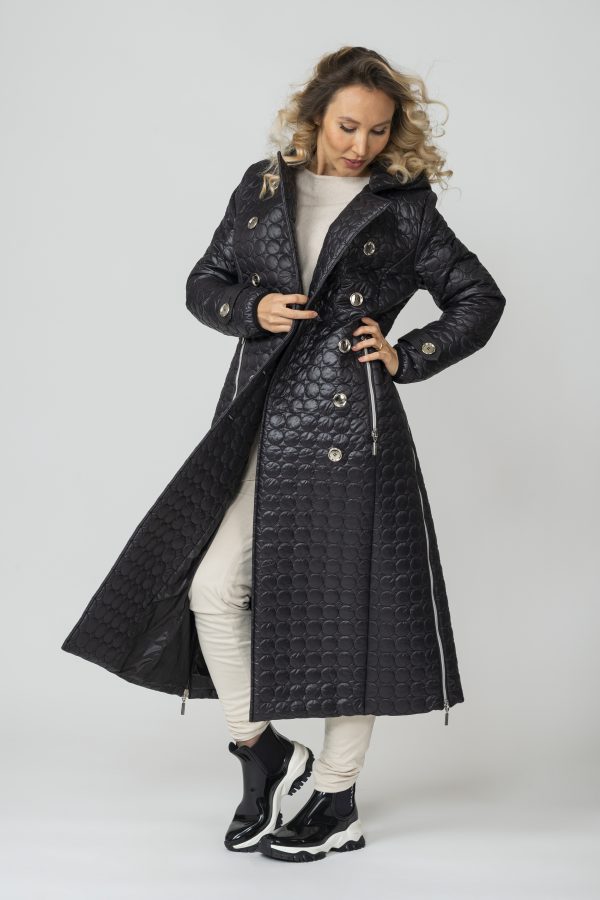 FRIDA Trench Black Quilted Long Coat with hood front open