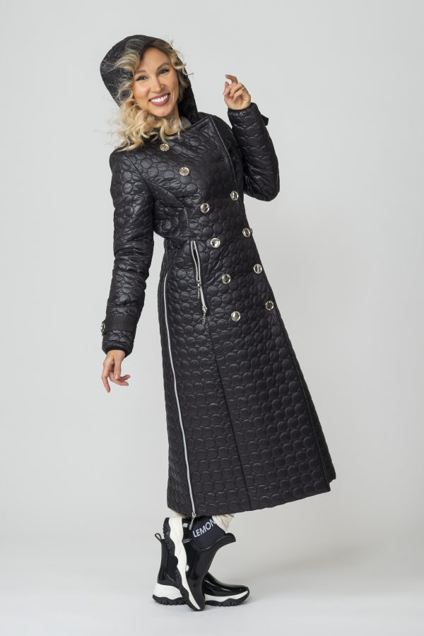 FRIDA Trench Black Quilted Long Coat with hood on