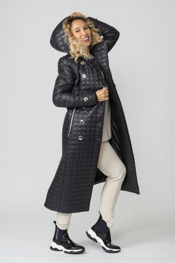 FRIDA Trench Black Quilted Long Coat with hood on buttons open