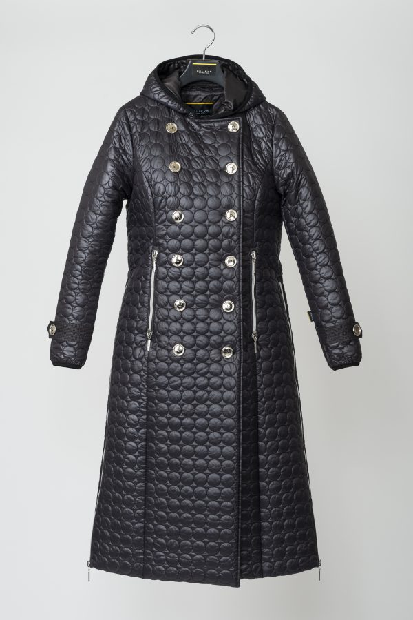 FRIDA Trench Black Quilted Long Coat with hood still
