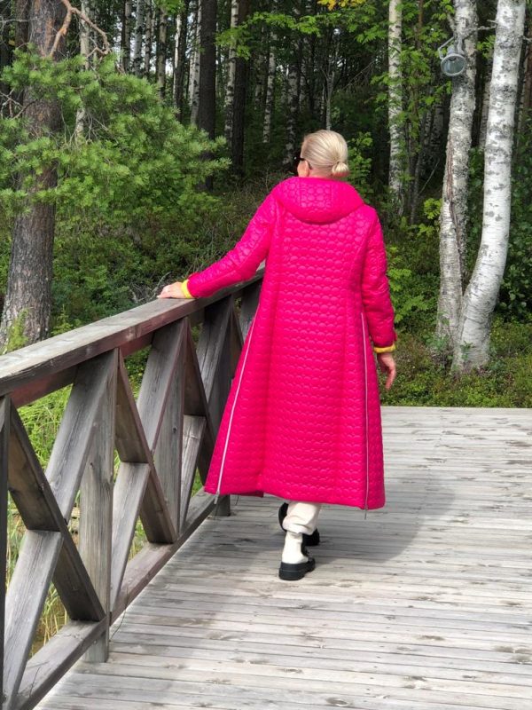 FRIDA Trench Pink Quilted Long Coat with hood back 2