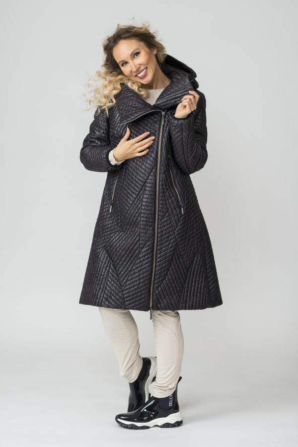 MELANIE, Black Fields Quilted Coat with High Collar and Detachable Hood zipper closed front
