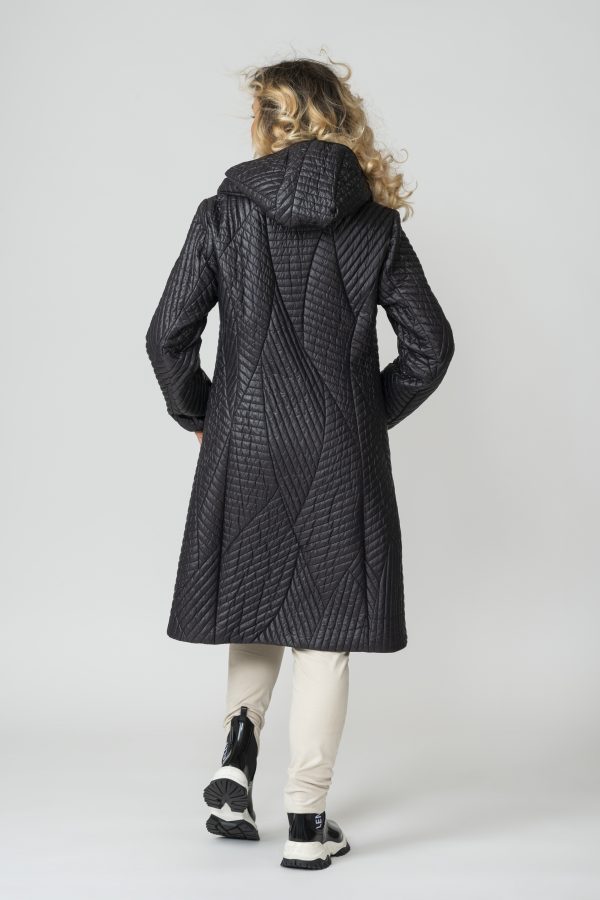 MELANIE, Black Fields Quilted Coat with High Collar and Detachable Hood back