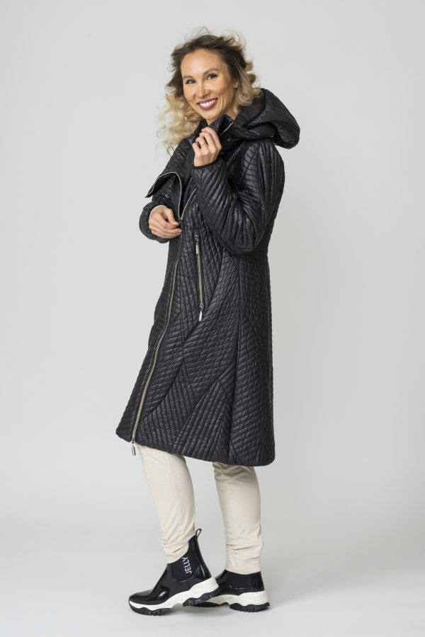 MELANIE, Black Fields Quilted Coat with High Collar and Detachable Hood side