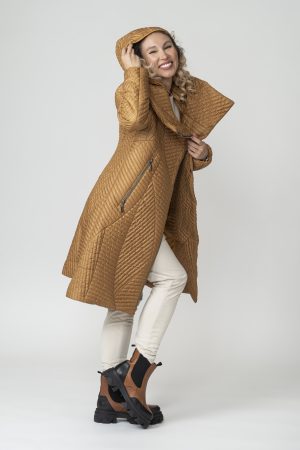 MELANIE, Golden Bronze Fields Quilted Coat with High Collar and Detachable Hood detached hood on zipper open