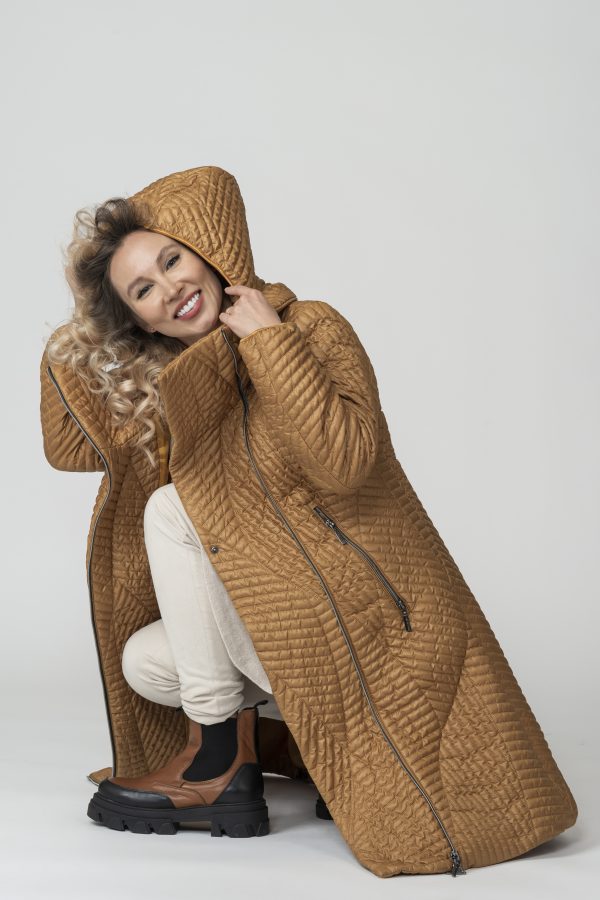 MELANIE, Golden Bronze Fields Quilted Coat with High Collar and Detachable Hood detached hood on