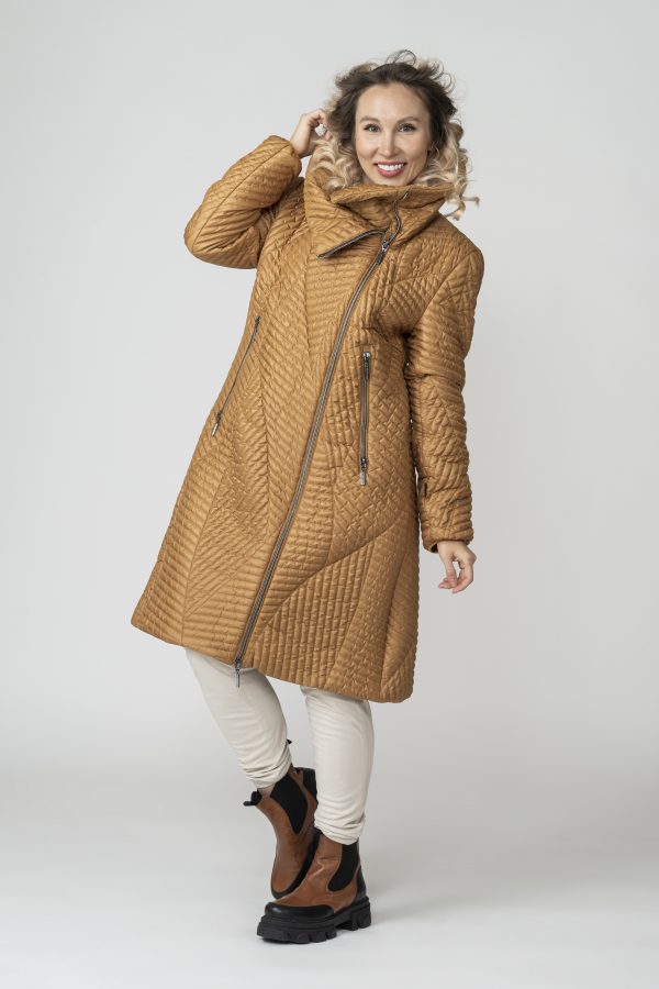 MELANIE, Golden Bronze Fields Quilted Coat with High Collar and Detachable Hood detached hood front