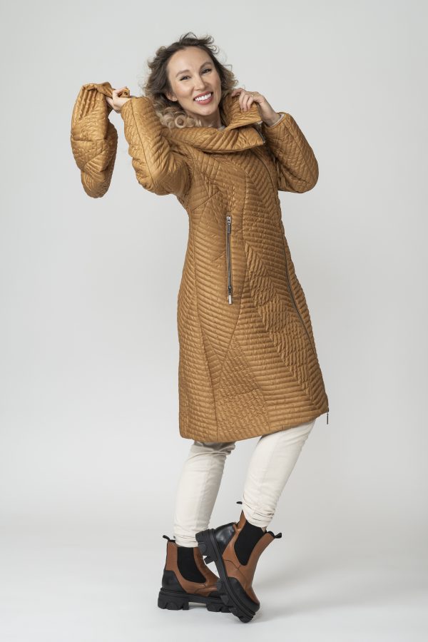 MELANIE, Golden Bronze Fields Quilted Coat with High Collar and Detachable Hood detached hood