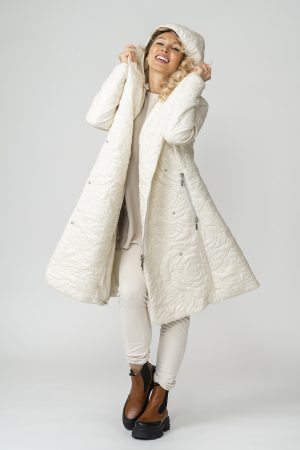 WILMA Cream White Rose Garden Quilted Coat with shawl collar and detachable hood on open
