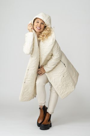 WILMA Cream White Rose Garden Quilted Coat with shawl collar and detachable hood front open