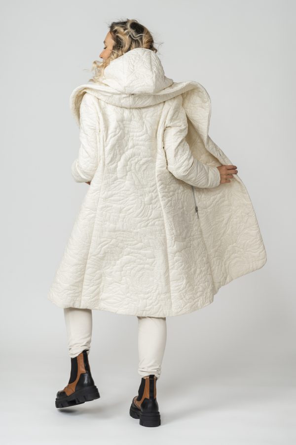 WILMA Cream White Rose Garden Quilted Coat with shawl collar and detachable hood back open