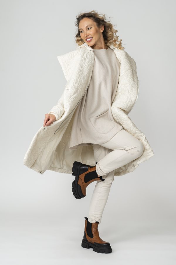 WILMA Cream White Rose Garden Quilted Coat with shawl collar and detachable hood widely open