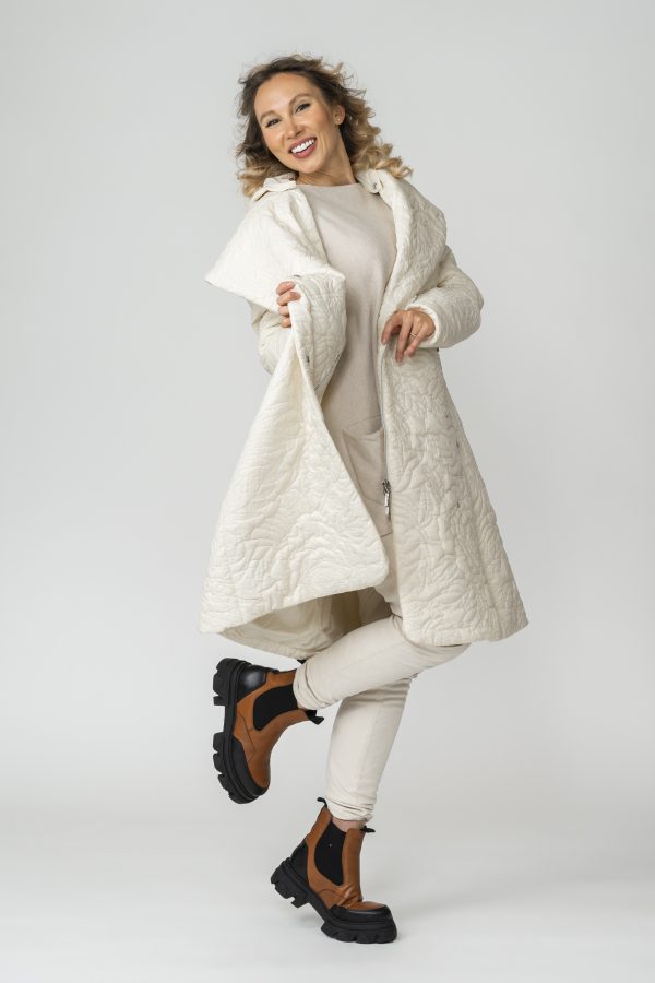WILMA Cream White Rose Garden Quilted Coat with shawl collar and detachable hood open front