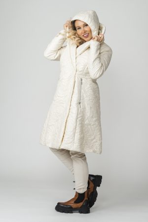 WILMA Cream White Rose Garden Quilted Coat with shawl collar and detachable hood closed