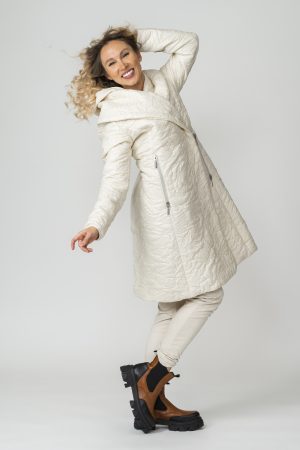 WILMA Cream White Rose Garden Quilted Coat with shawl collar and detachable hood side closed