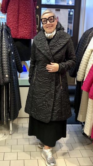 WILMA Black Rose Garden Quilted Coat with shawl collar and detachable hood front